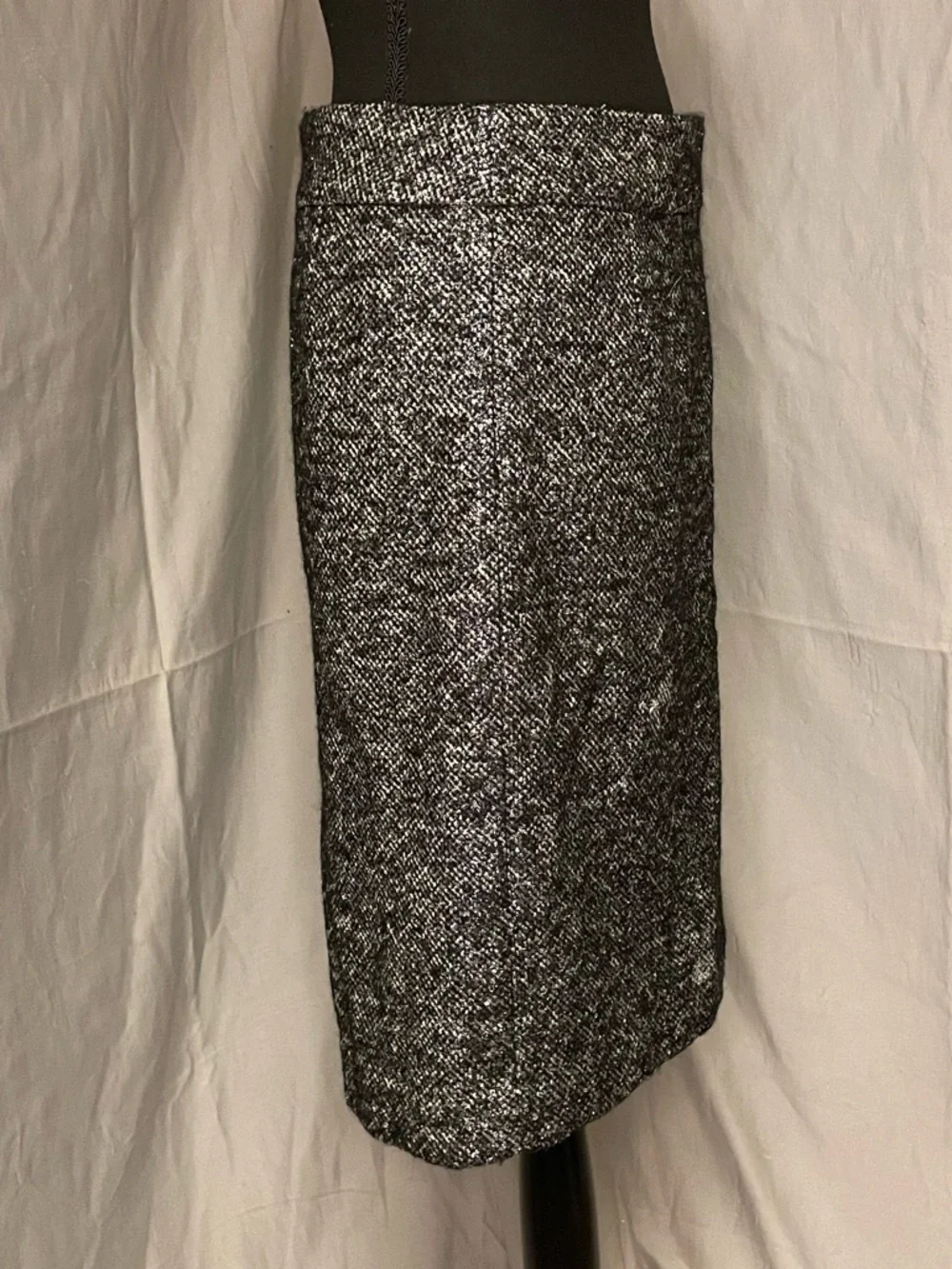 J. Crew Black and White Silver Metallic Tweed Wool Alpaca Blend Pencil Skirt